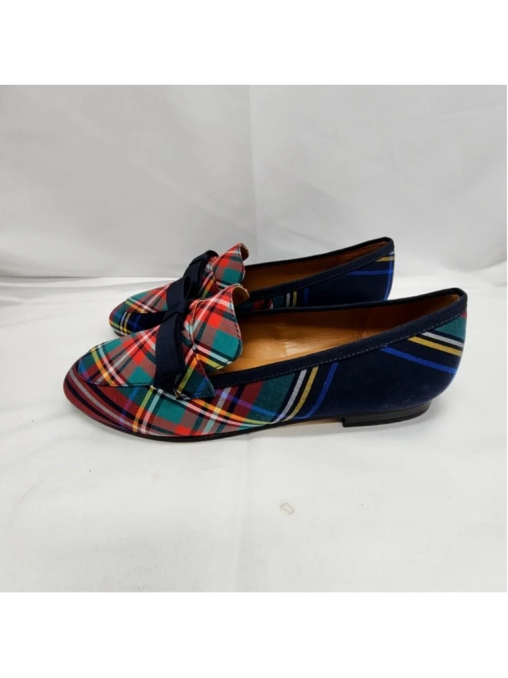 Talbots Shoes Womens 7 Multicolor Plaid Bow Loafer Flats Slip On Casual Holiday